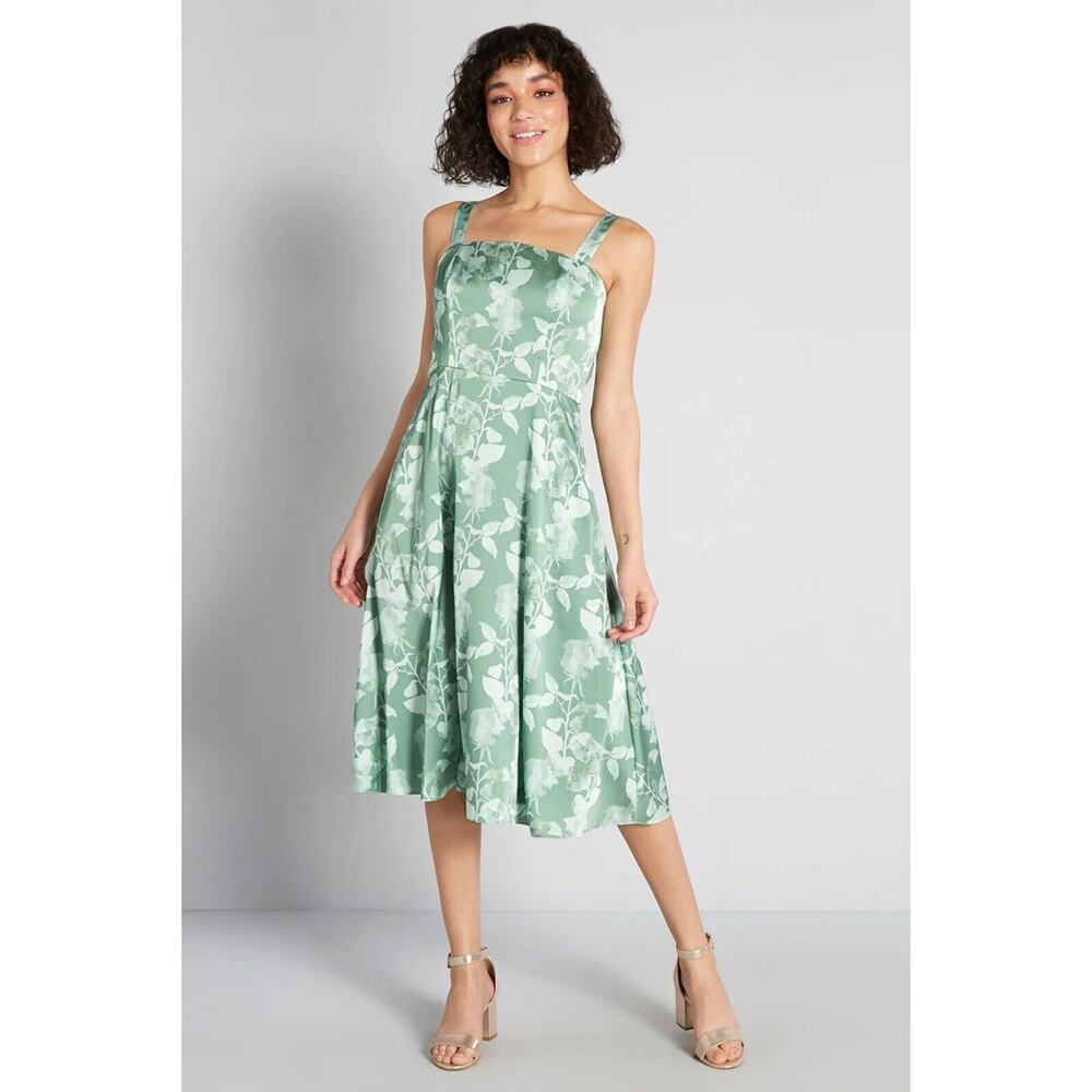Hutch x ModCloth Tie-Back Midi Dress Green Floral Satin Size 12 Romantic Elegant